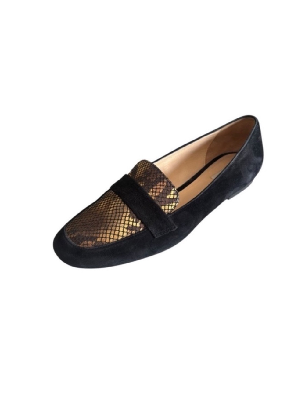 Cole Haan Dakota black suede & reptile print slip on flat loafer shoes size 9